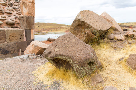 Funerary towers in Sillustani, Peru,South America- Inca prehistoric ruins near Puno,Titicaca lake...