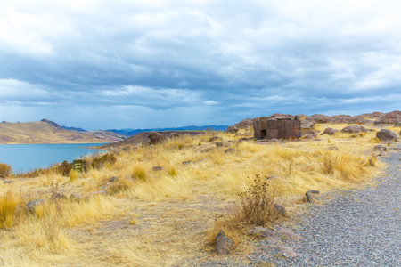 Funerary towers in Sillustani, Peru,South America- Inca prehistoric ruins near Puno,Titicaca lake...