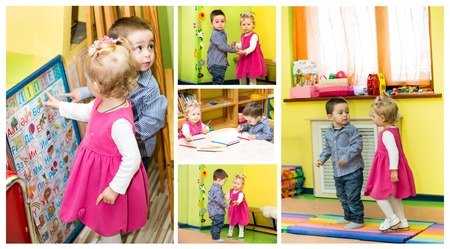 Two kids in Montessori preschool Class. Little girl and boy playing in kindergartenの写真素材