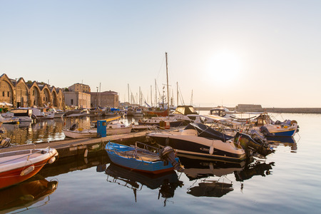 Sailboats at marina dock and bay in Chania Crete Greeceのeditorial素材