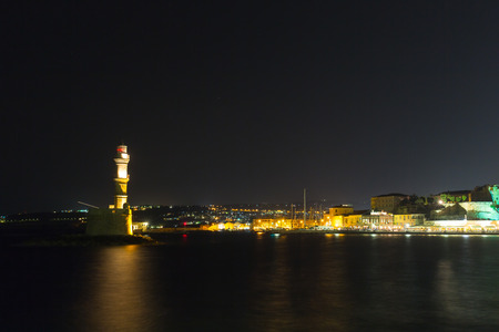 Chania town (Crete,Greece), light house at nightの写真素材