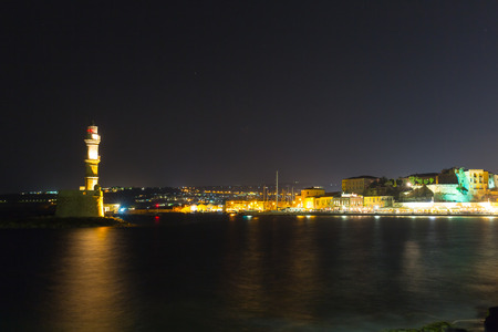 Chania town (Crete,Greece), light house at nightの写真素材