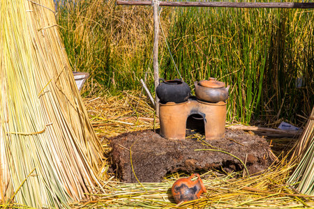 Floating Islands on Lake Titicaca Puno, Peru, South America, thatched home. Dense root that plants Khili interweave form natural layer about one to two meters thick that support islandsのeditorial素材
