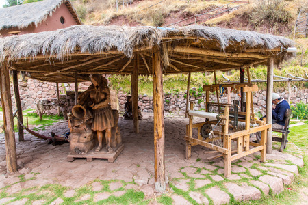 CHIVAY, AREQUPA, PERU - CIRCA 2013:An unidentified  man sell hand crafts in outdoors circa 2013 in Chivay, Arequipa, Peru. Many women work selling handicrafts in Peruのeditorial素材