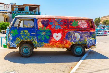 Hippie-Bus from the Hippie Festival in Matala, Greece. The last bus from the festival is still at the beach in Matalaのeditorial素材