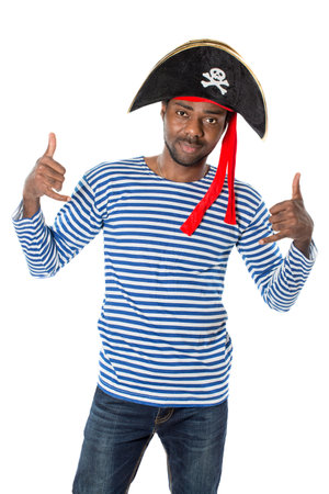 African american man in costume pirate on white background. Halloween Fancy Costume and holidayの写真素材