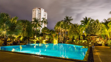 night view of beautiful swimming pool in tropical resort , Phuket, Thailandのeditorial素材
