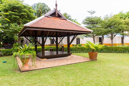 Wooden gazebo in the hotel on Karon beach, Phuket island,Thailandの写真素材