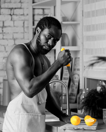 Black man cooking breakfast or lunch on kitchen at home. African American man wearing an apron preparing fresh lemon. Raw ingredients on table. Healthy food concept. Family communicating, cooking and enjoying weekend timeの写真素材