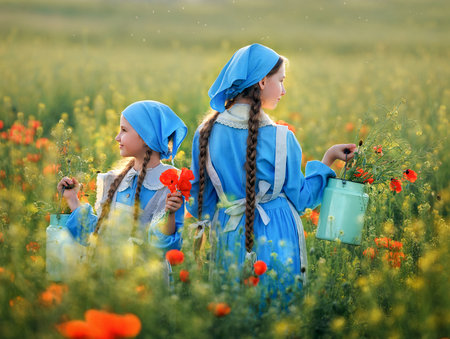 Sisters. Portrait of cute children girls in poppy field. Kids in blue dress happy with poppy bouquet at summer sunsetの写真素材
