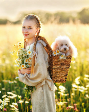 A girl kid with a poodle dog walks in a chamomile field. Happy child in summer with petの写真素材