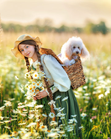 A girl kid with a poodle dog walks in a chamomile field. Happy child in summer with petの写真素材
