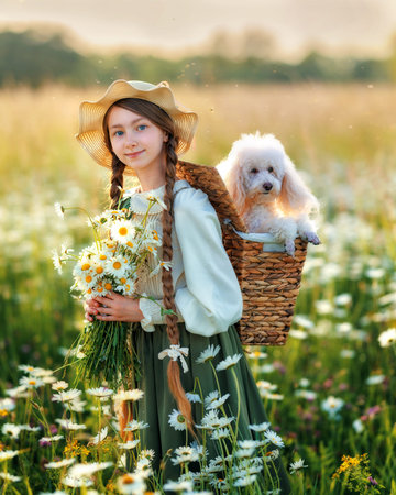 A girl kid with a poodle dog walks in a chamomile field. Happy child in summer with petの写真素材