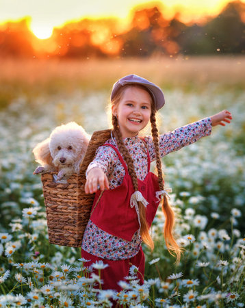 A girl kid with a poodle dog walks in a chamomile field. Happy child in summer with petの写真素材