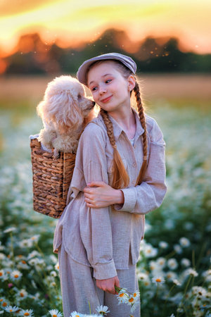 A girl kid with a poodle dog walks in a chamomile field. Happy child in summer with petの写真素材
