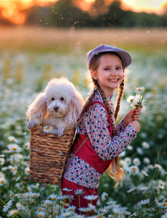 A girl kid with a poodle dog walks in a chamomile field. Happy child in summer with petの写真素材