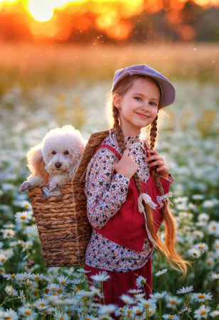 A girl kid with a poodle dog walks in a chamomile field. Happy child in summer with petの写真素材