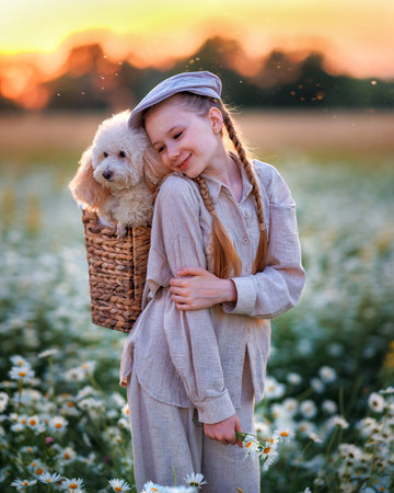 A girl kid with a poodle dog walks in a chamomile field. Happy child in summer with petの写真素材