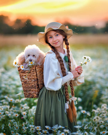 A girl kid with a poodle dog walks in a chamomile field. Happy child in summer with petの写真素材