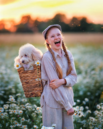 A girl kid with a poodle dog walks in a chamomile field. Happy child in summer with petの写真素材