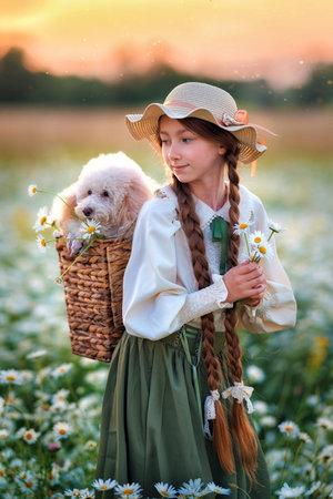 A girl kid with a poodle dog walks in a chamomile field. Happy child in summer with petの写真素材