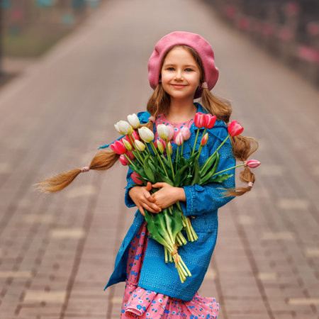 Beautiful girl kid with spring pink tulips flowers bouquet at city street. Portrait of pretty child in park outdoors.の写真素材