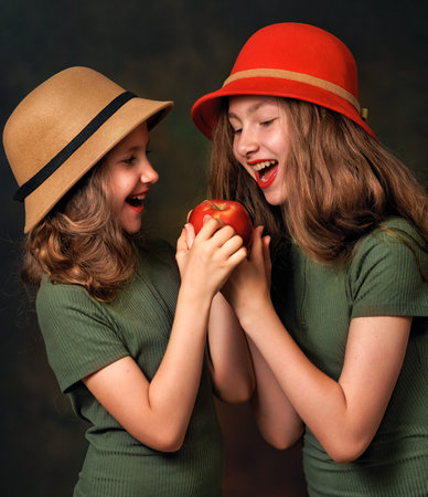 Two young girls sisters in vintage dresses holding a red apple. Fairytale style portrait with...
