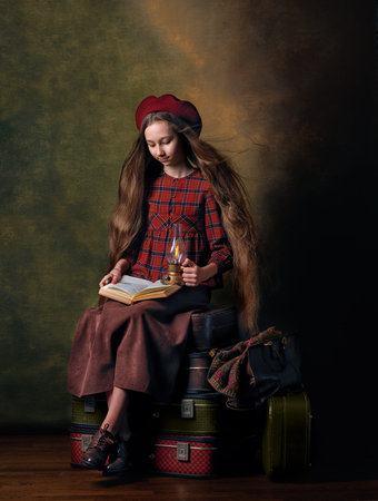 Vintage-style girl in red plaid dress sitting on colorful retro suitcases with travel mood, travel-inspired atmosphereの写真素材