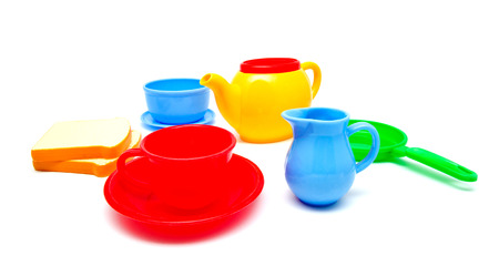 Set of kids dishes isolated on whiteの写真素材