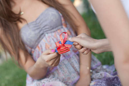 Credit card with a bow in a gift to the young woman. Low depth of field. Business styleの写真素材