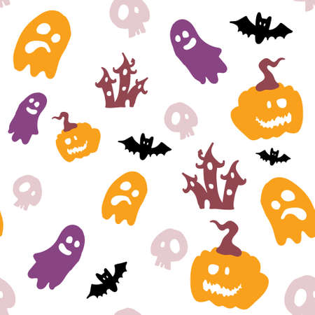Vector seamless wallpaper with skulls, ghosts and tombstones for Halloweenのイラスト素材