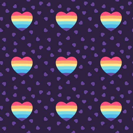 Vector seamless pattern of hand drawn doodle lgbt pride rainbow hearts isolated on dark backgroundのイラスト素材