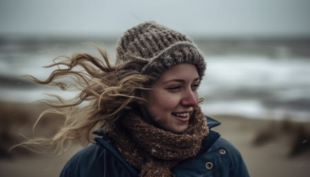 Young women feel the cold wind on the beach. Generative AIの素材