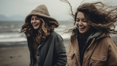 Young women feel the cold wind on the beach. Generative AIの素材