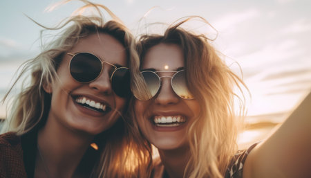 Young women on the beach taking selfie and laughing. Generative AIの素材