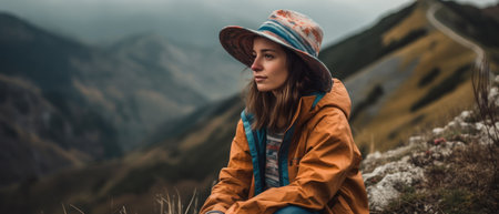 Young woman hiker sitting on top of a mountain and looking awayの素材