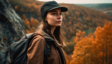 Young woman traveler with backpack on the background of autumn forest. Hiking in the mountains.の素材