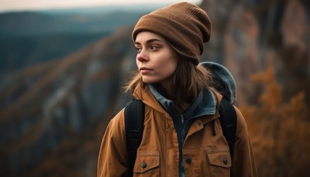 Portrait of a beautiful girl in a hat with a backpack on the background of the mountains.の素材