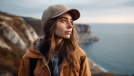 Beautiful young woman in a hat and coat on the background of the seaの素材