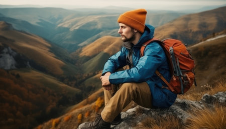Young man with backpack sitting on top of a mountain and enjoying the viewの素材
