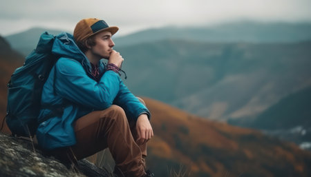 Young woman hiker with backpack sitting on top of a mountain and enjoying the viewの素材