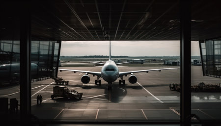 Airplane in the airport. Passenger plane in the airport terminal.の素材