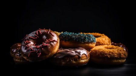 Group of assorted donuts on a black background. Selective focus. Toned.の素材