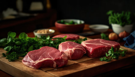 Raw beef steak with herbs on a wooden board. Ingredients for cooking.の素材