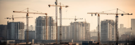 Panorama of construction site with cranes and building silhouettes.の素材