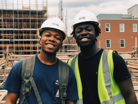 Two african american construction workers on a building site smiling.の素材