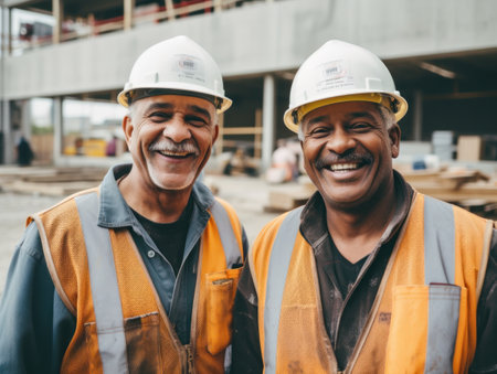 Portrait of mature African-American man and Caucasian man working at construction site.の素材