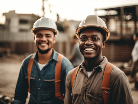 Portrait of two african-american workers in hardhats and helmets smiling and looking at camera on construction siteの素材