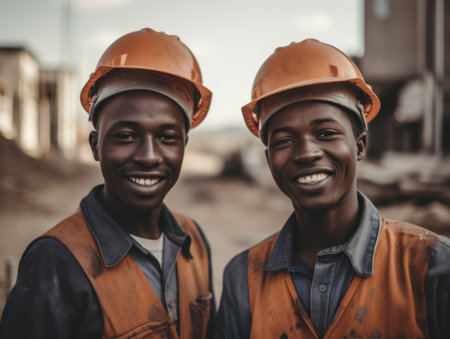 Portrait of african-american male and female construction workers smiling at cameraの素材