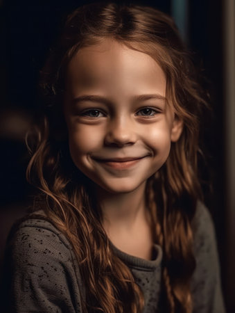 portrait of smiling little girl looking at camera while standing at homeの素材